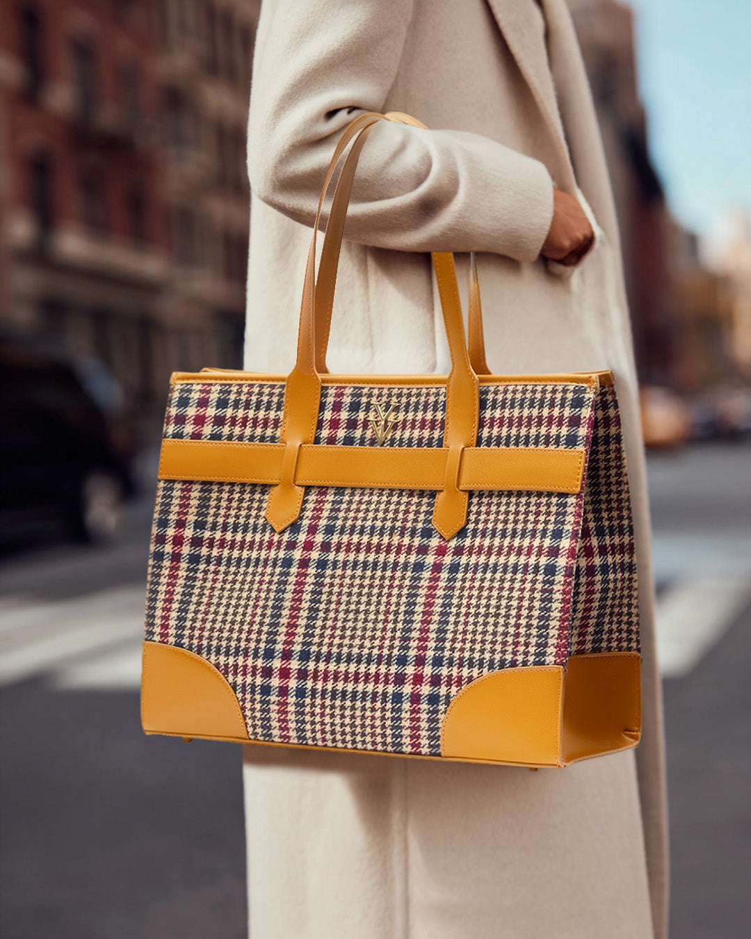AUDRINA Canvas & Leather Designer Tote Handbag - Chestnut Tweed